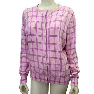 Lands End Womens Pink Plaid Button-Up‎ Cardigan Sweater Large 100% Supima Cotton